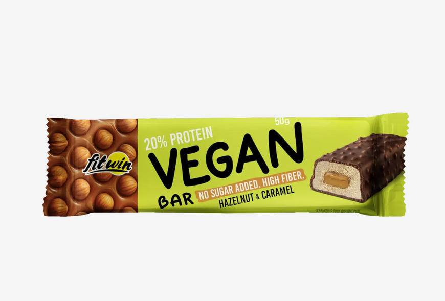 Протеїновий батончик Vegan Bar Фундук і карамель, БЕЗ ЦУКРУ 50 г 20%, 12 штук 578765434 фото